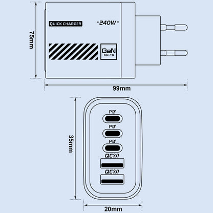 5 Port GaN USB C Charger 240W PD Fast Charger Phone Adapter Wall Charger For iPhone Samsung Xiaomi Huawei Fast Charging Plug