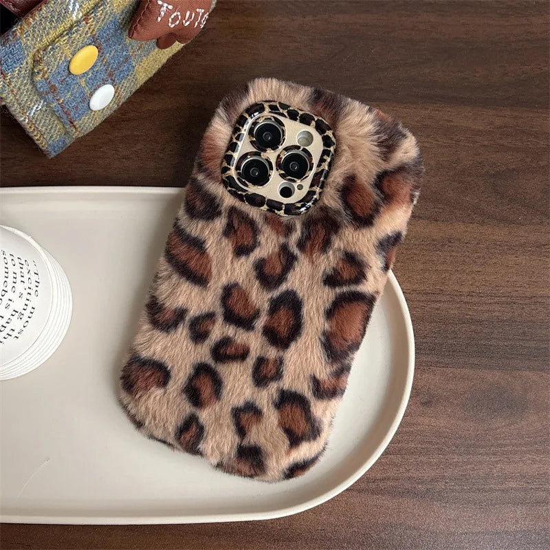 Fashion Leopard Furry Plush Lens Bracket Phone Case For iPhone 17Air 15 14 13 12 11 16 Pro Max With Wrist Chain Shockproof Cover