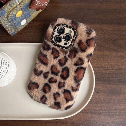 Fashion Leopard Furry Plush Lens Bracket Phone Case For iPhone 17Air 15 14 13 12 11 16 Pro Max With Wrist Chain Shockproof Cover