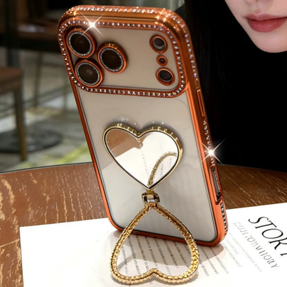 Luxury Rhinestone Heart Mirror Stand Phone Case for iPhone 11 12 13 14 15 16 17 Pro Max Fall Protection Back Cover