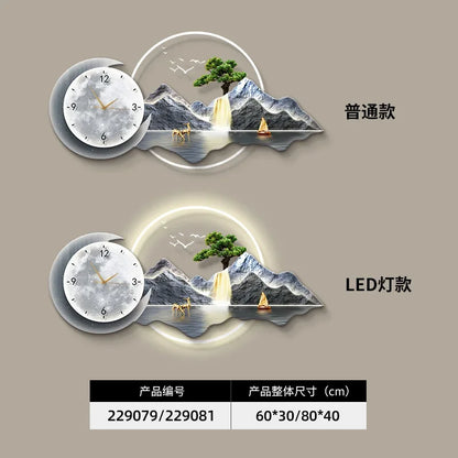 Luxury Silent Wall Clock with Luminous Landscape Mural