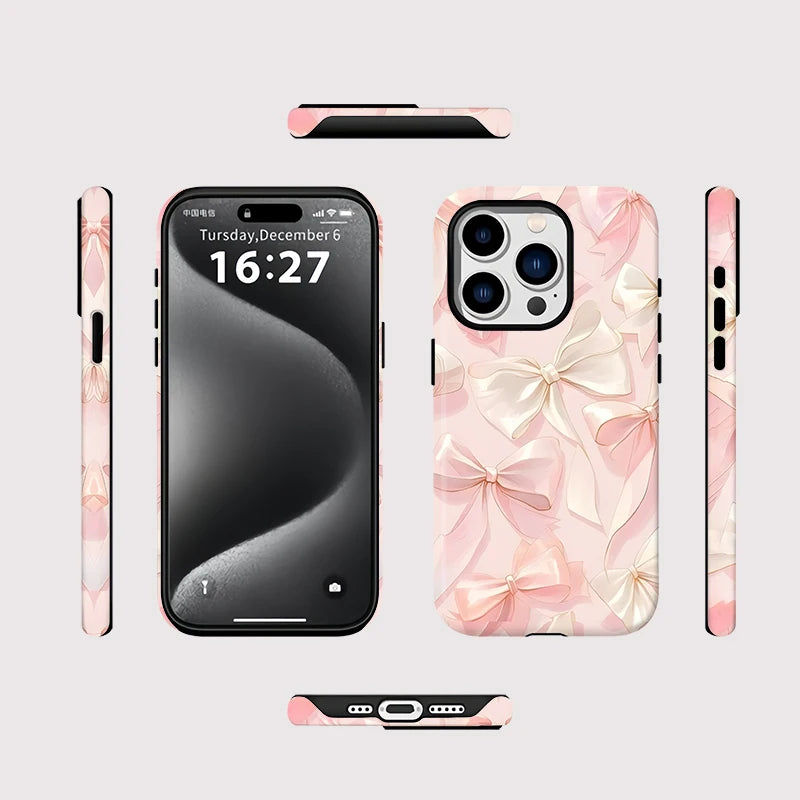 Ins Pink Bow Tie Case for IPHONE 16 ProMax 15 14 13 12 11 PRO 16 Plus  Acrylic TPU Double-layer Magnetic Phone Cases