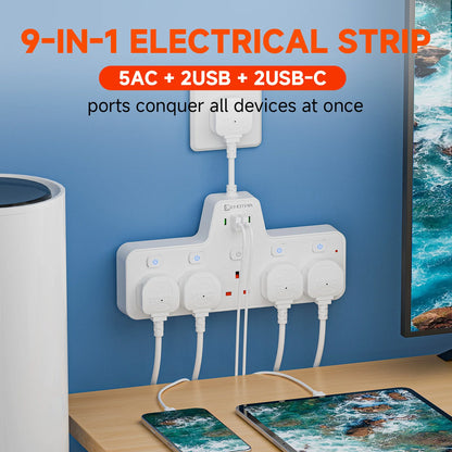 UK Power Strip with Independent Switches – USB & USB-C, 2500W