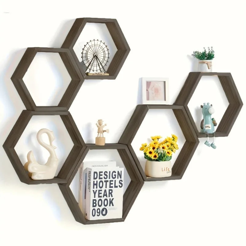 Hexagonal Wooden Floating Wall Shelf – Rustic Wall-Mounted Storage
