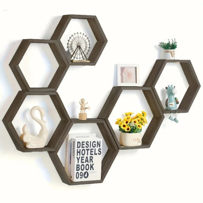 Hexagonal Wooden Floating Wall Shelf – Rustic Wall-Mounted Storage