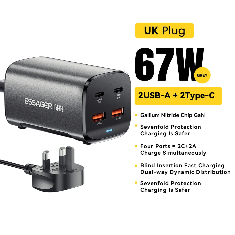 Essager 67W GaN Desktop Charger – 4-Port USB-C & USB-A Fast Charging