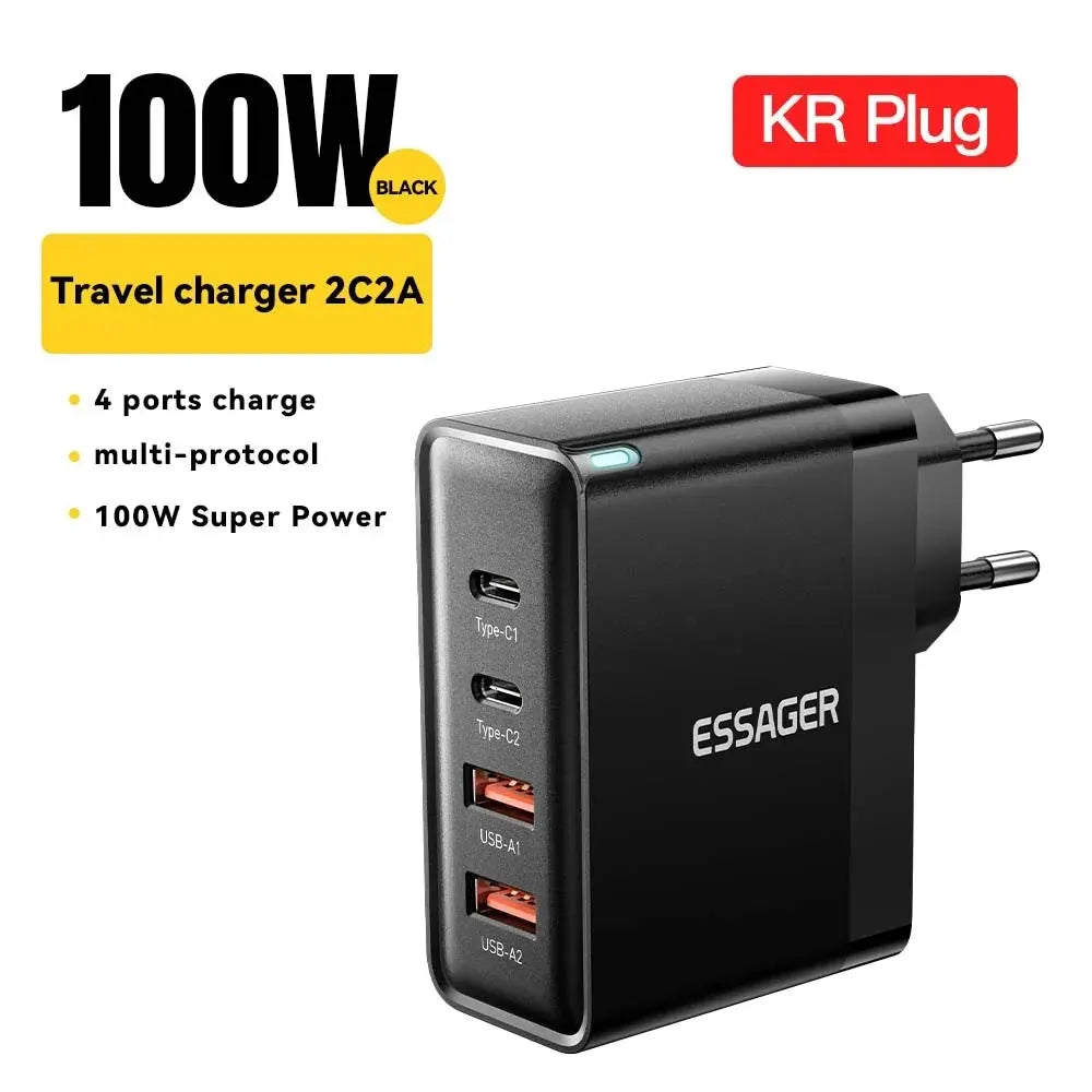 Essager 100W GaN Travel Charger – 3x USB-C & 1x USB-A Fast Charging