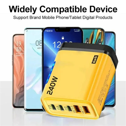 GaN Fast Charger 240W 5 Ports PD Quick Charge 3.0 2USB 3Type C For iPhone 15 16 17 Samsung Xiaomi Huawei Tablet EU US UK Plug