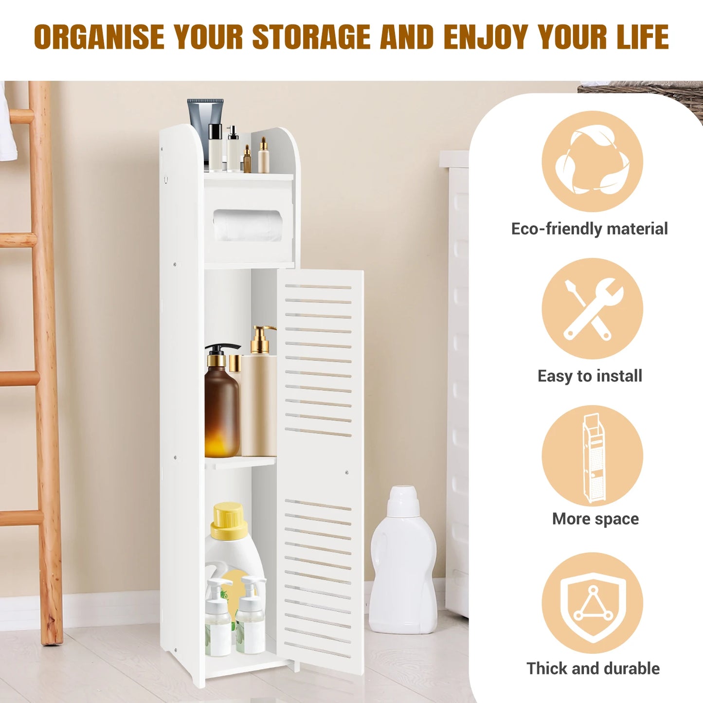 Bathroom Cabinet Unit with Door and Toilet Paper Holder, PVC Material, Slim, Floor Standing, Easy to Assemble, 80x15x17cm