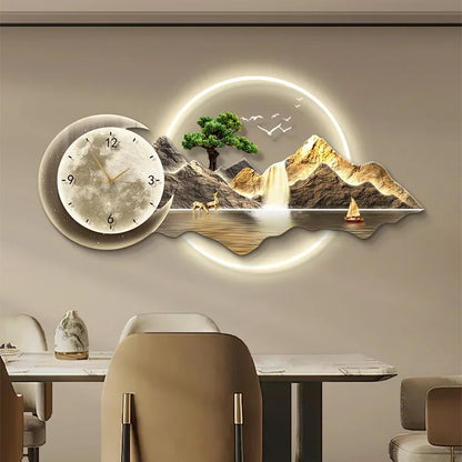 Luxury Silent Wall Clock with Luminous Landscape Mural
