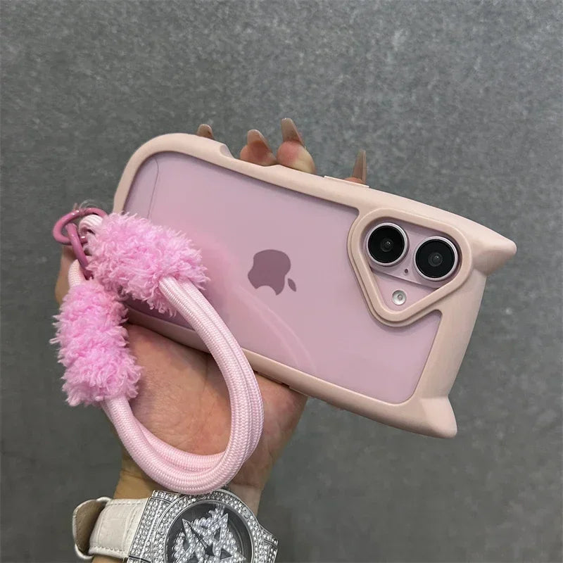 3D Cat Ear Cute Lanyard Magnetic Transparent Case For iPhone 17 Pro Max 16 15 14 13 12 Pro Max Plus Air Wristband Clear Cover