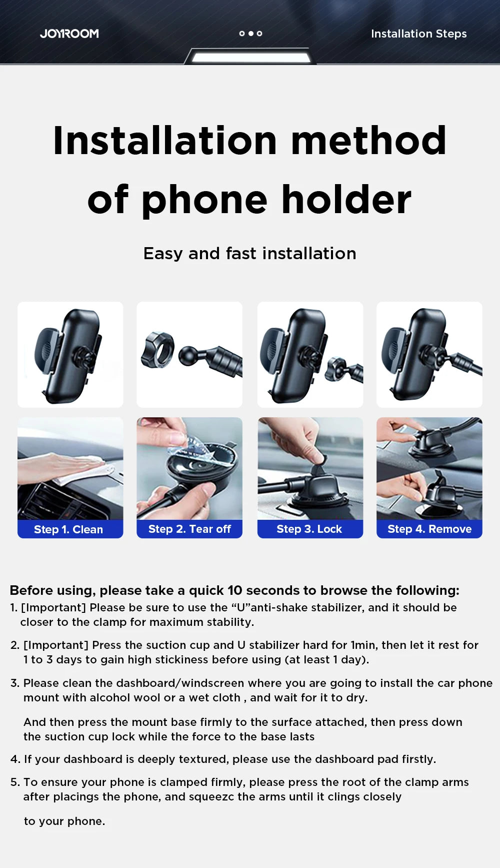 Joyroom 360° Car Phone Holder Mount – Dashboard, Air Vent & Curved Rod (JR-ZS259)
