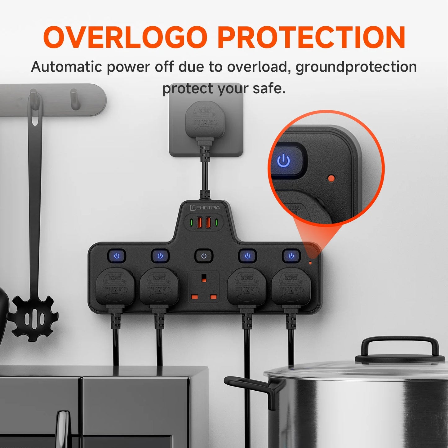 UK Power Strip with Independent Switches – USB & USB-C, 2500W