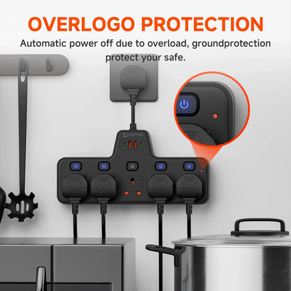 UK Power Strip with Independent Switches – USB & USB-C, 2500W
