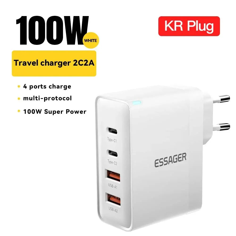 Essager 100W GaN Travel Charger – 3x USB-C & 1x USB-A Fast Charging