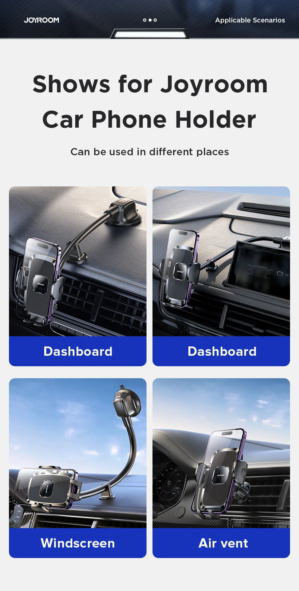 Joyroom 360° Car Phone Holder Mount – Dashboard, Air Vent & Curved Rod (JR-ZS259)