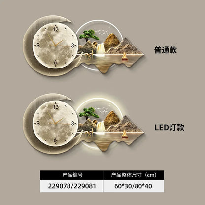 Luxury Silent Wall Clock with Luminous Landscape Mural