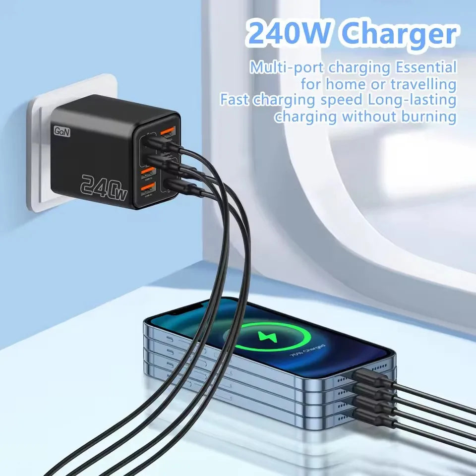 240W GaN USB C Charger 8 in 1 Fast Charging Phone Charger Power Adapter For iPhone Samsung Xiaomi Type C EU/US Plug Wall Charger