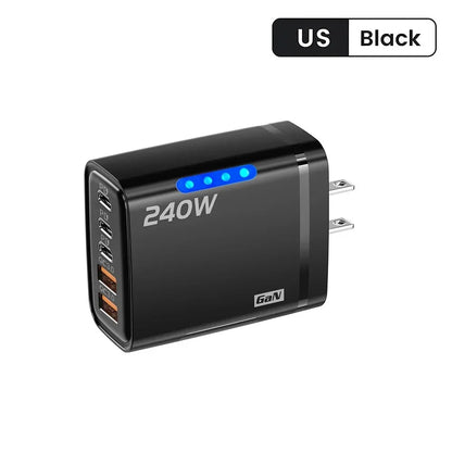 GaN Fast Charger 240W 5 Ports PD Quick Charge 3.0 2USB 3Type C For iPhone 15 16 17 Samsung Xiaomi Huawei Tablet EU US UK Plug