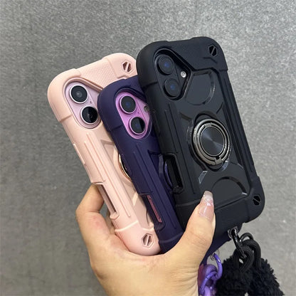 3 in 1 Ring Holder Heavy Duty Case for iPhone 16 17 15 14 13 12 11 Pro Max Plus Air Anti-knock Shockproof Lanyard Chain Cover