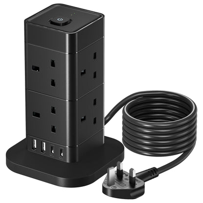 Hotimy 8-Way Tower Extension Lead with USB – 4 USB Ports (2A + 2C), 3250W 13A, 2m Cable