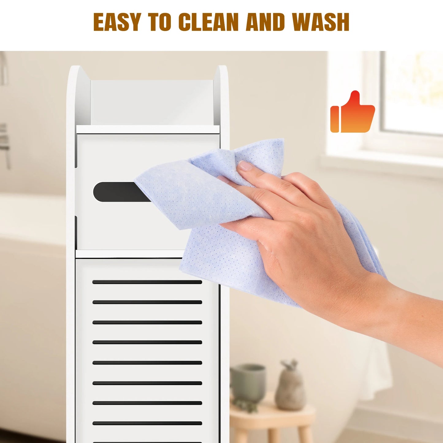 Bathroom Cabinet Unit with Door and Toilet Paper Holder, PVC Material, Slim, Floor Standing, Easy to Assemble, 80x15x17cm