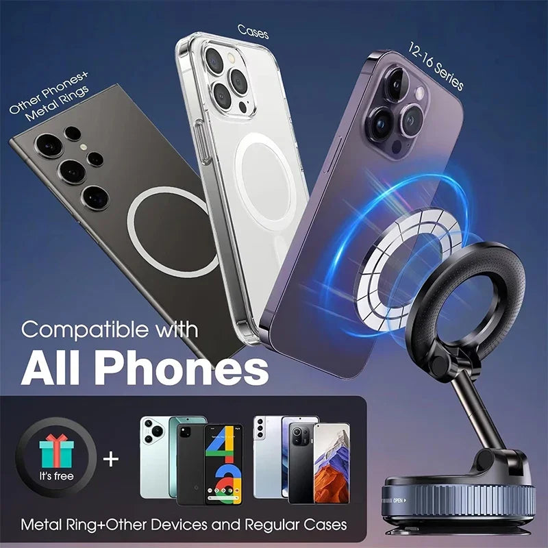 Magnetic Vacuum Car Phone Holder – Foldable 360° Navigation Mount