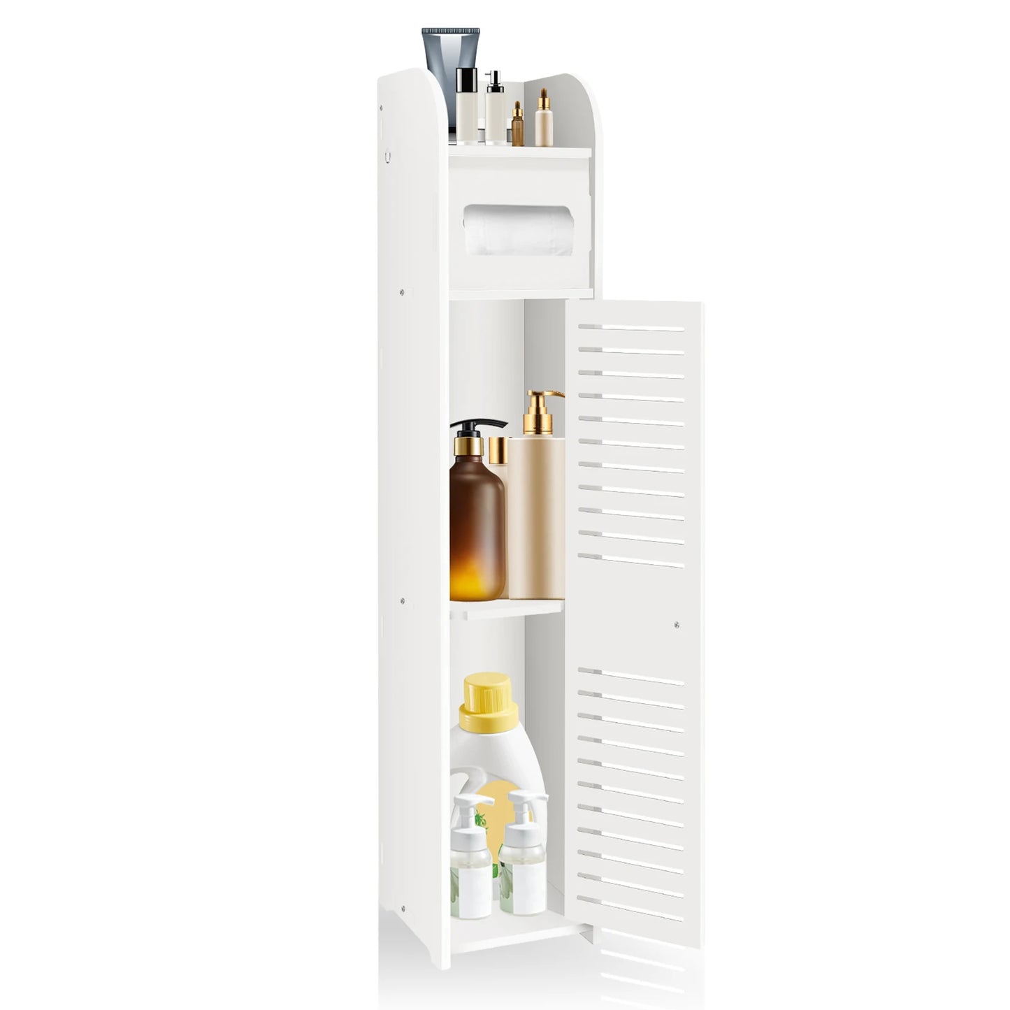 Bathroom Cabinet Unit with Door and Toilet Paper Holder, PVC Material, Slim, Floor Standing, Easy to Assemble, 80x15x17cm