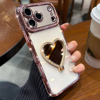 Luxury Rhinestone Heart Mirror Stand Phone Case for iPhone 11 12 13 14 15 16 17 Pro Max Fall Protection Back Cover