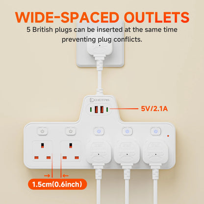UK Power Strip with Independent Switches – USB & USB-C, 2500W