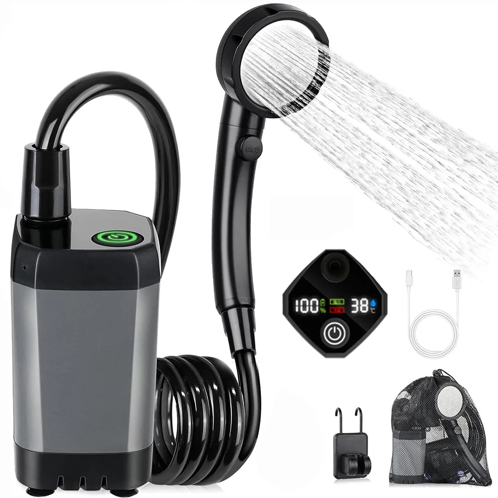 Portable Camping Shower Pump – 6000mAh Rechargeable with LED Display